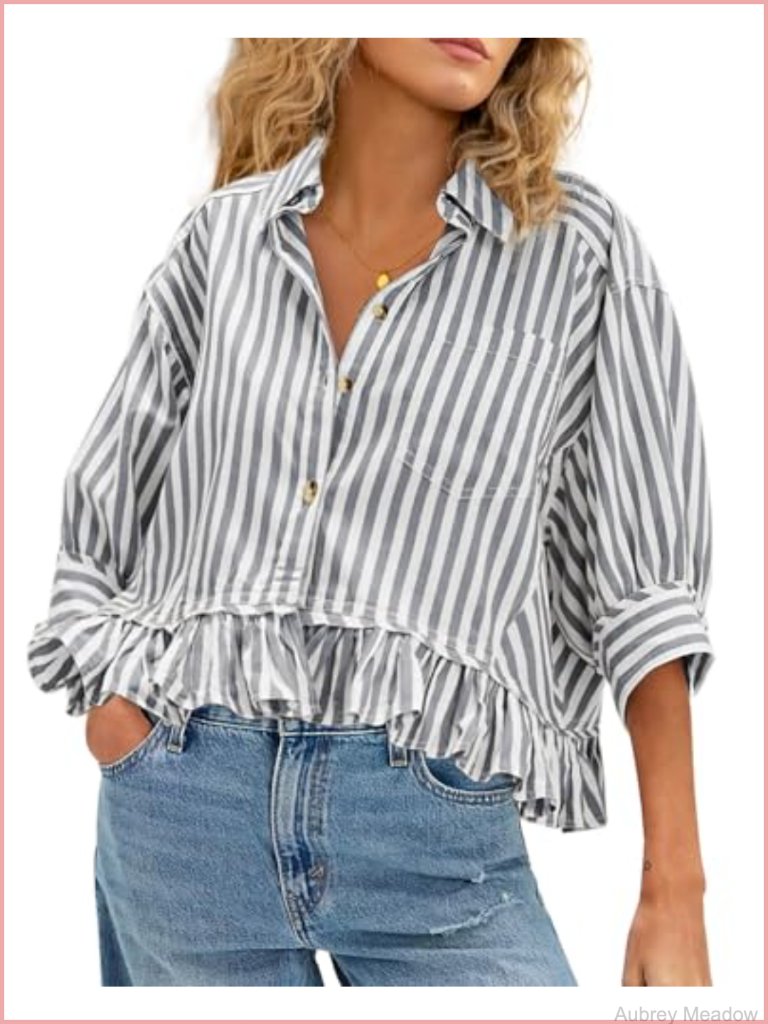 Ruffled Short Sleeve Button Down Blouse Top